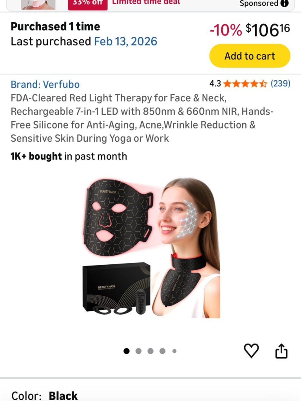 Never used! New Verfubo LED Red Light Therapy Face & Neck Mask